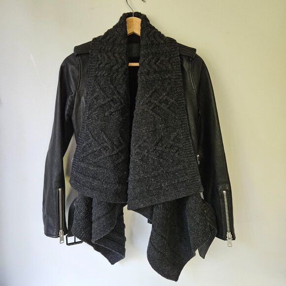 All Saints Wrap Cable Jacket Genuine Goat Leather Size 0 Black Draped Open Front - Picture 14 of 16